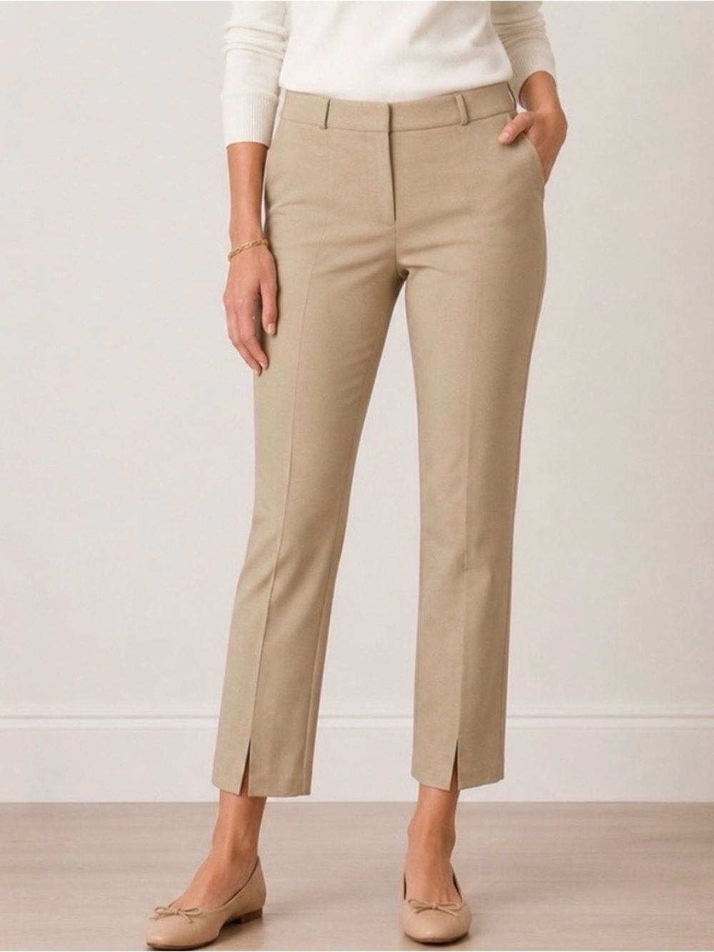 J. McLaughlin Tan Straight Leg Ankle Pants Sz 4 Career Stretch Slit Hem Neutral